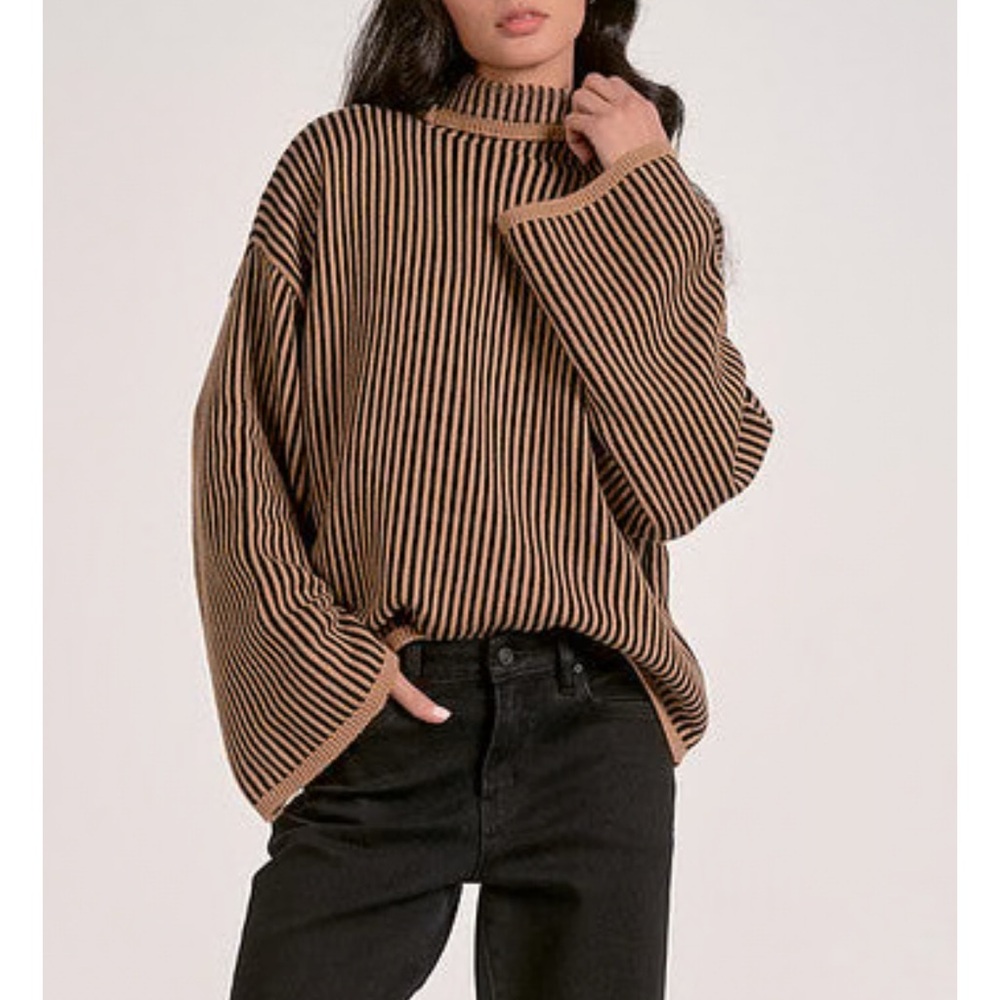 Elan Black and Brown Striped Turtleneck Sweater